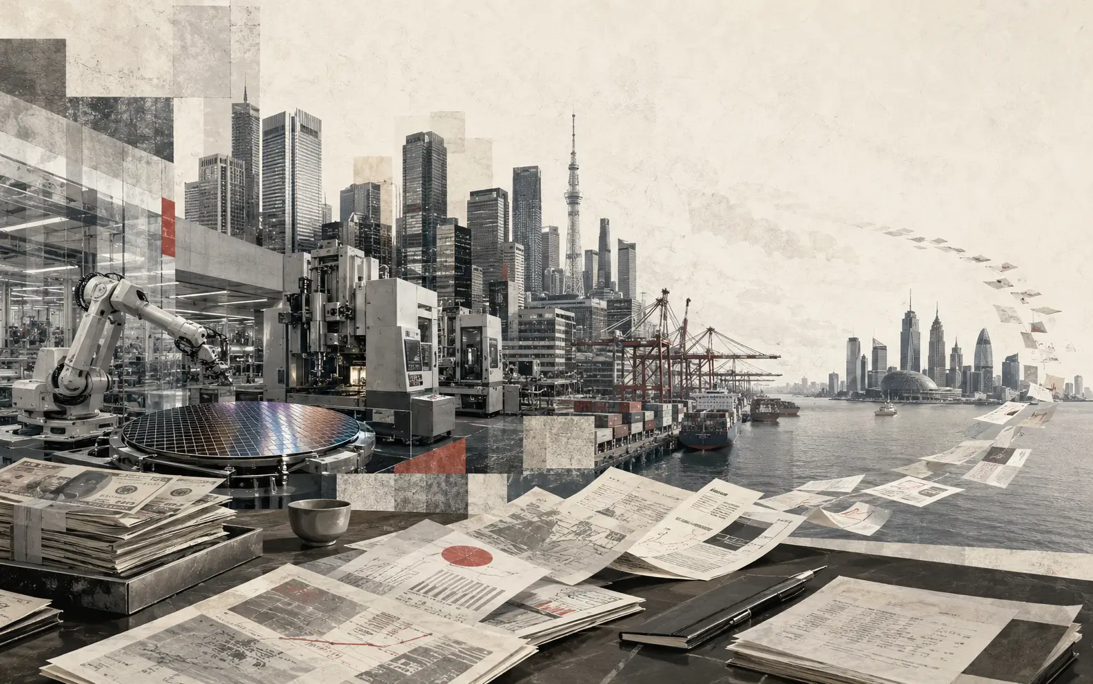 Editorial illustration representing Japan's industrial strength and outward capital flows