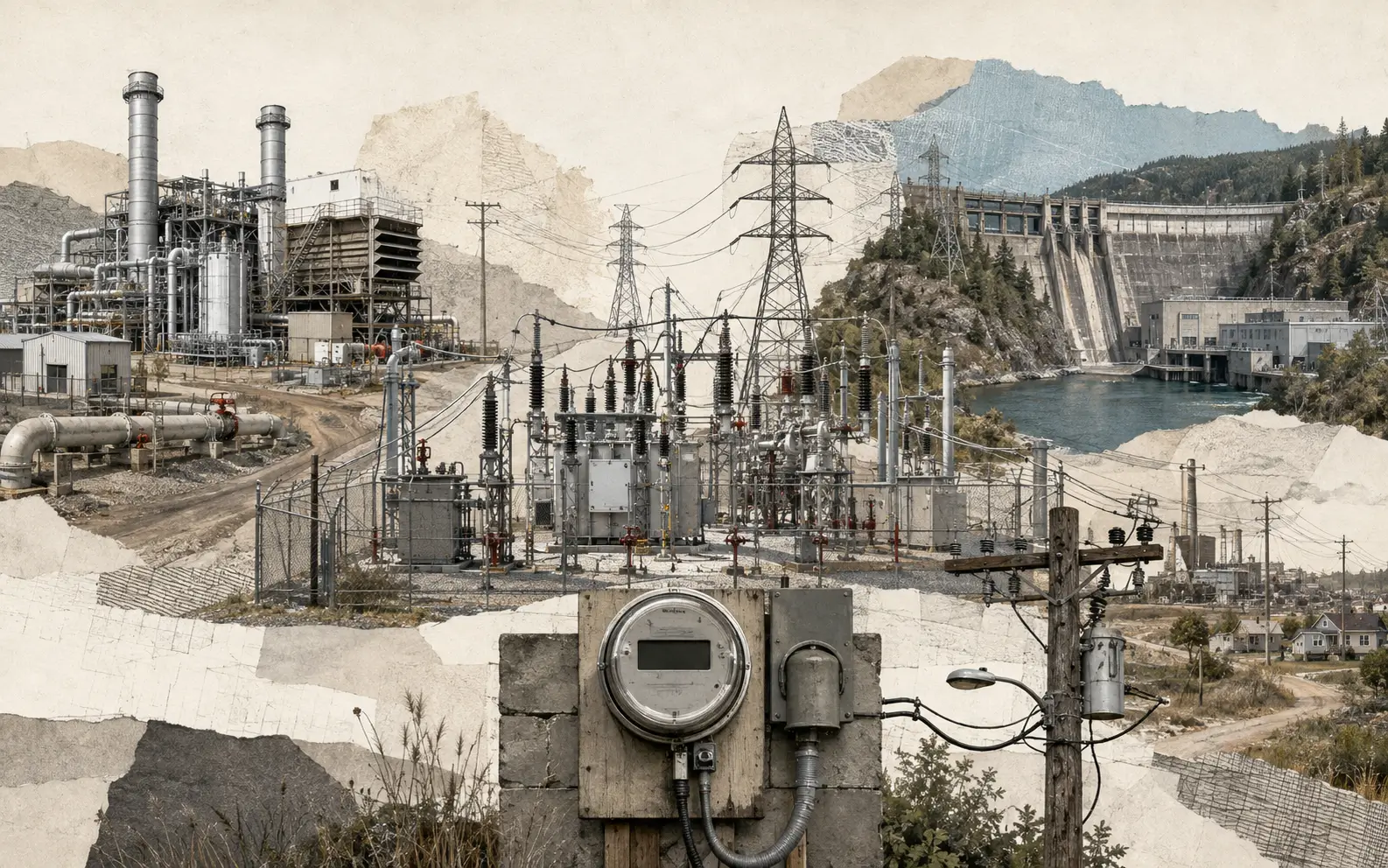 Editorial illustration of the infrastructure behind low electricity prices