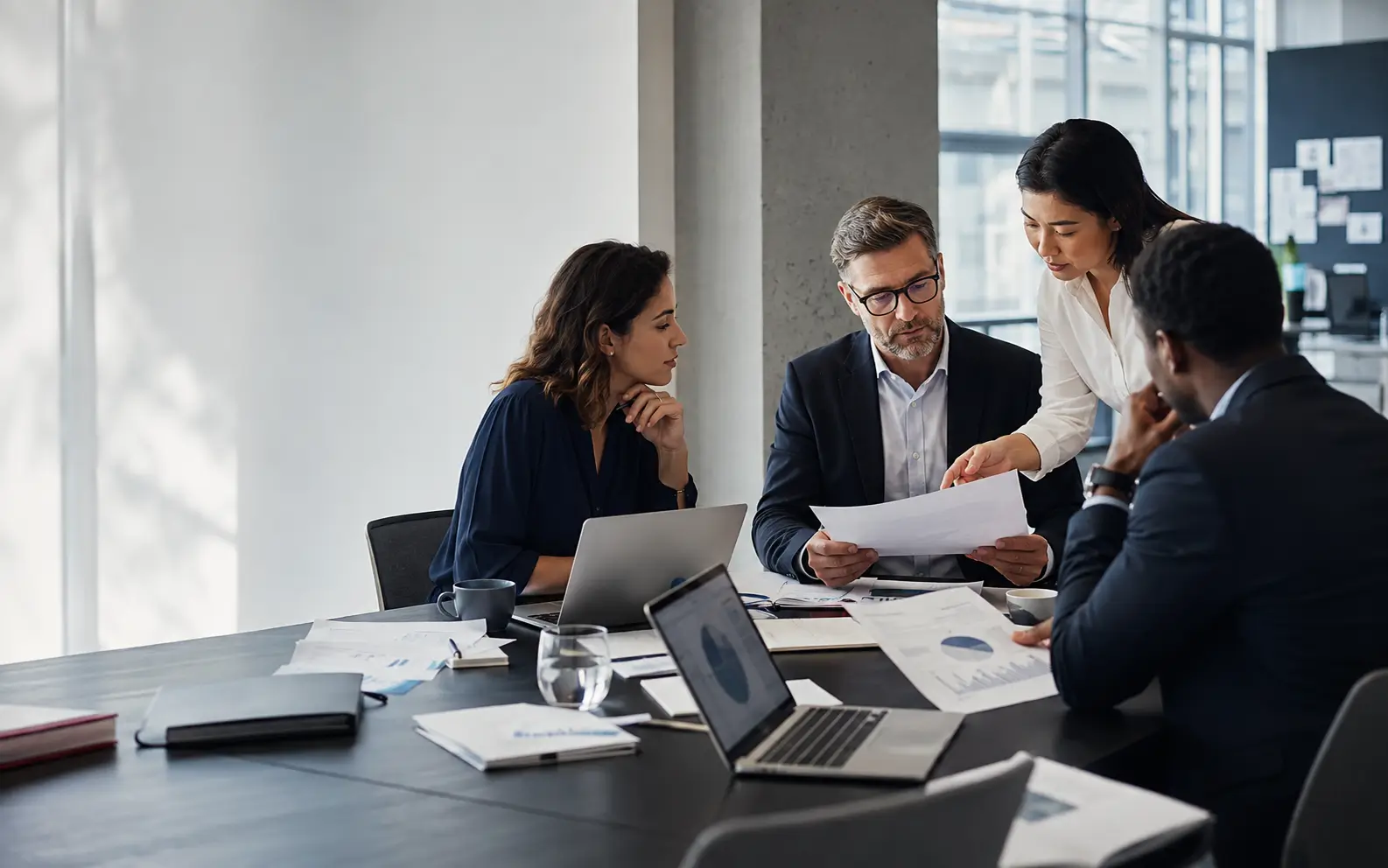 Business professionals reviewing reports and discussing strategy in a modern workspace