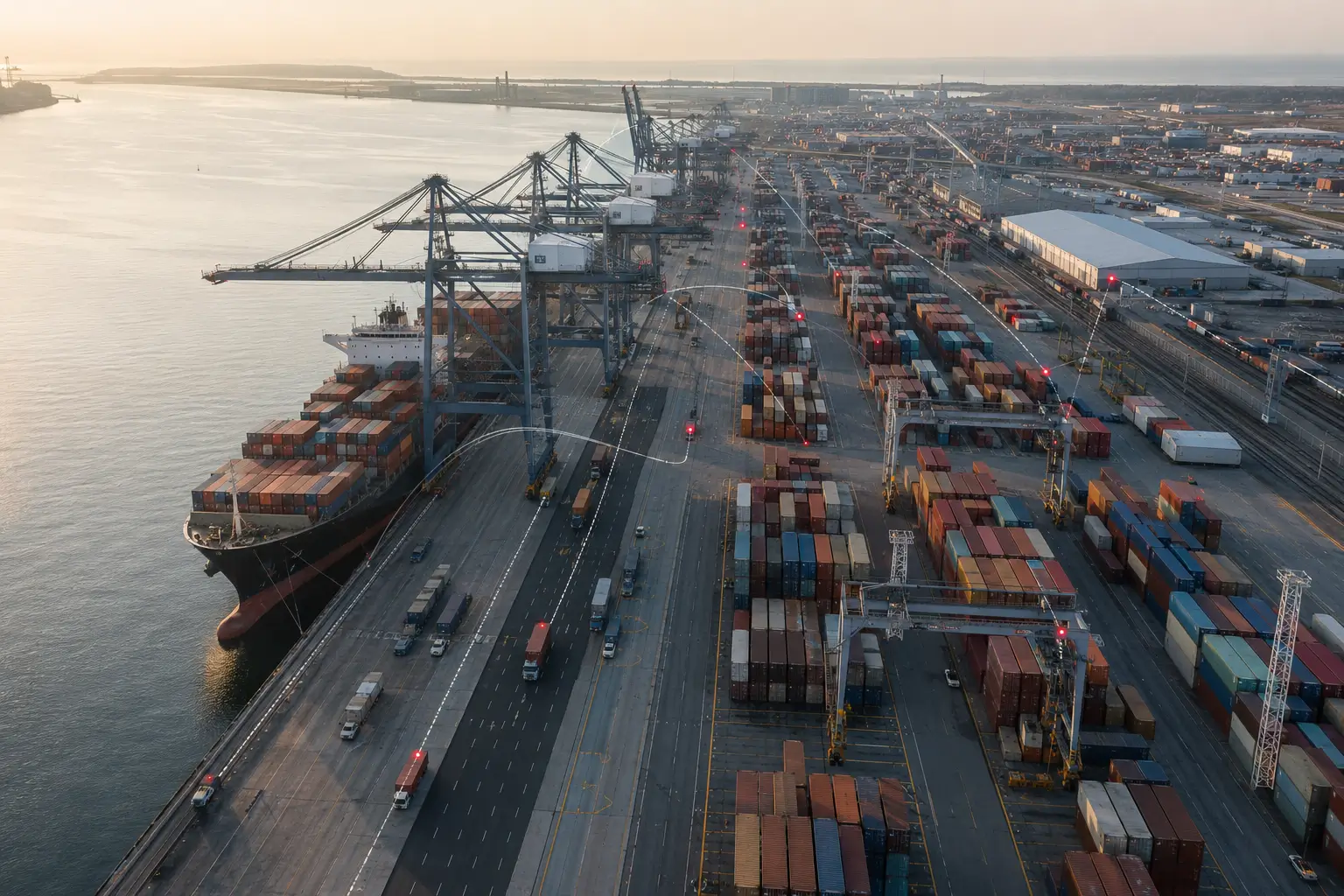 Connected container port and global logistics infrastructure at dawn