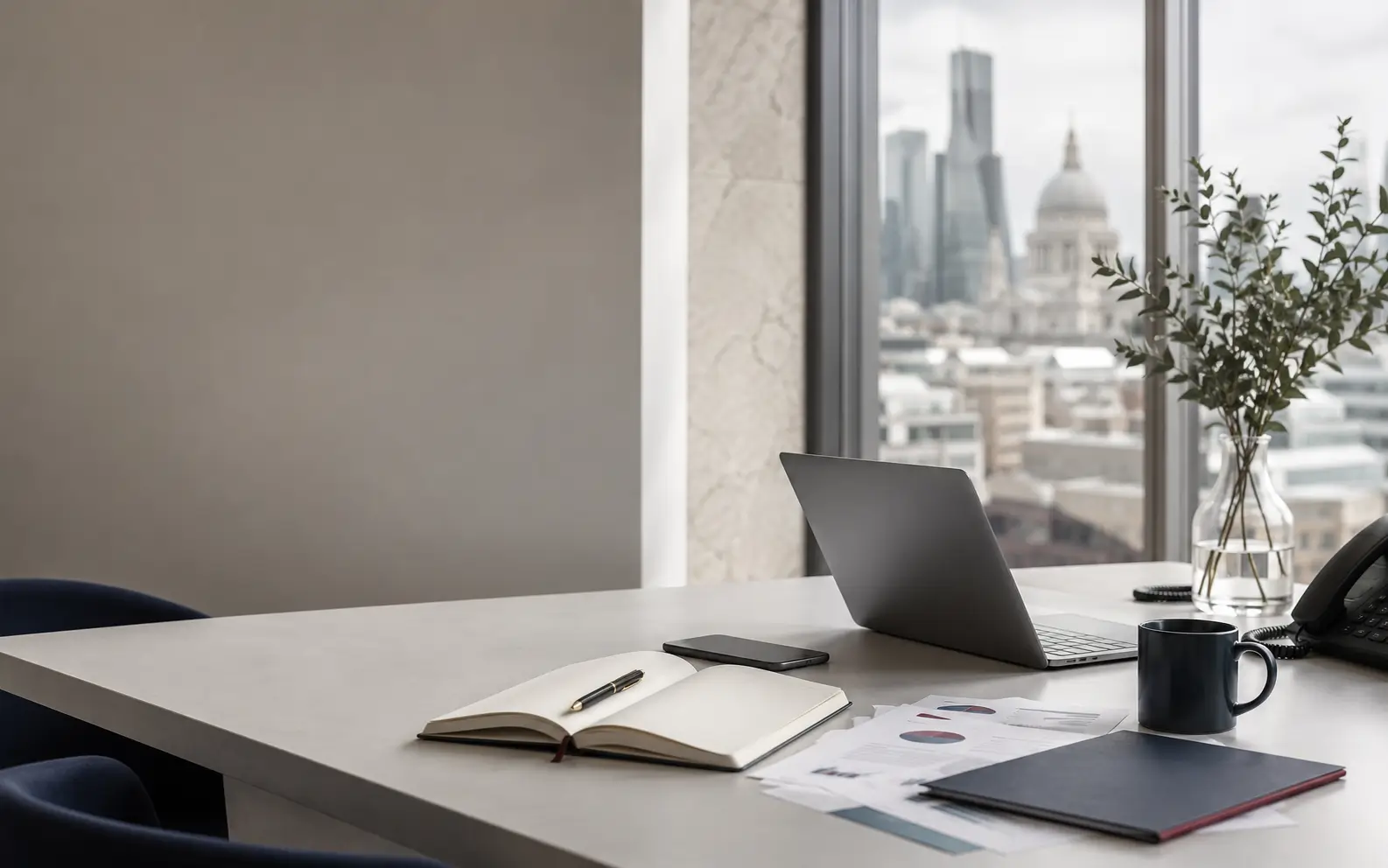 A professional workspace prepared for research and correspondence