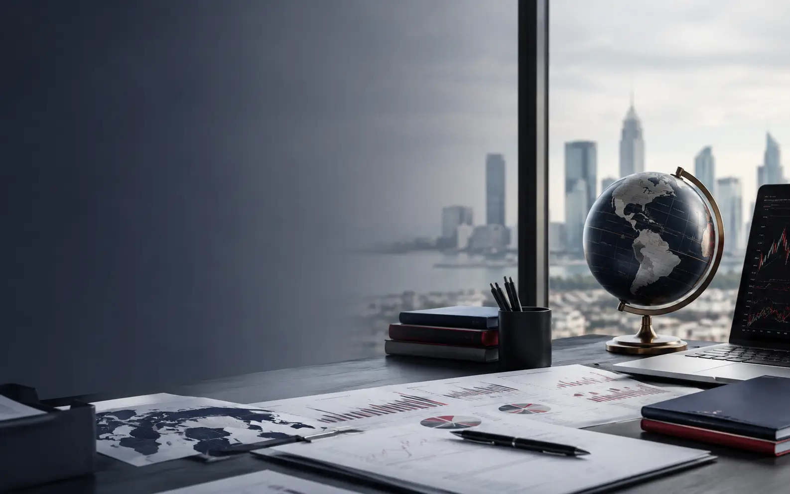 Economic research desk with global market charts, a globe and city skyline