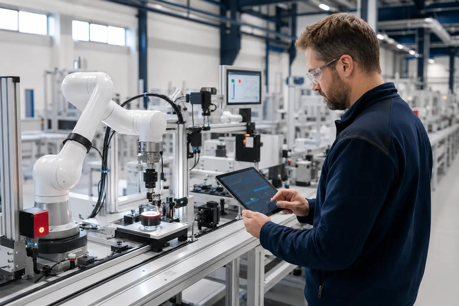 Engineer inspecting a robotic precision assembly system