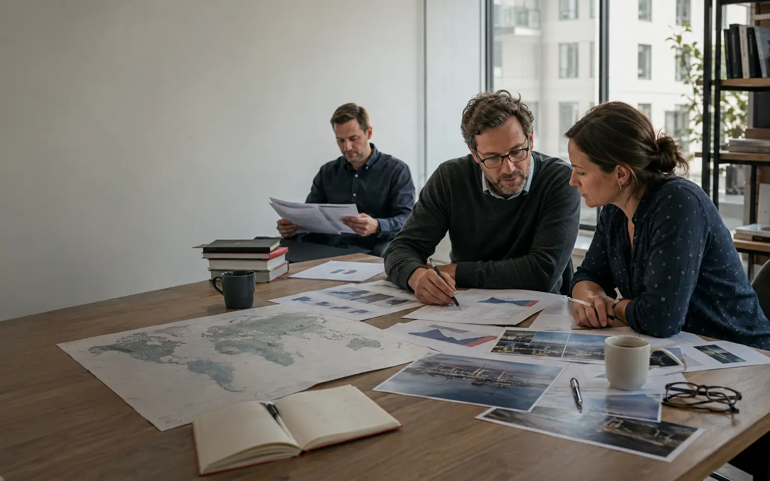 Researchers collaborating around a table in a modern research workspace