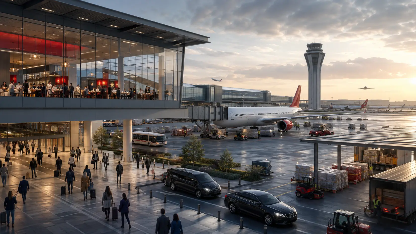 Busy international airport terminal with aircraft, passengers, ground transport and cargo operations