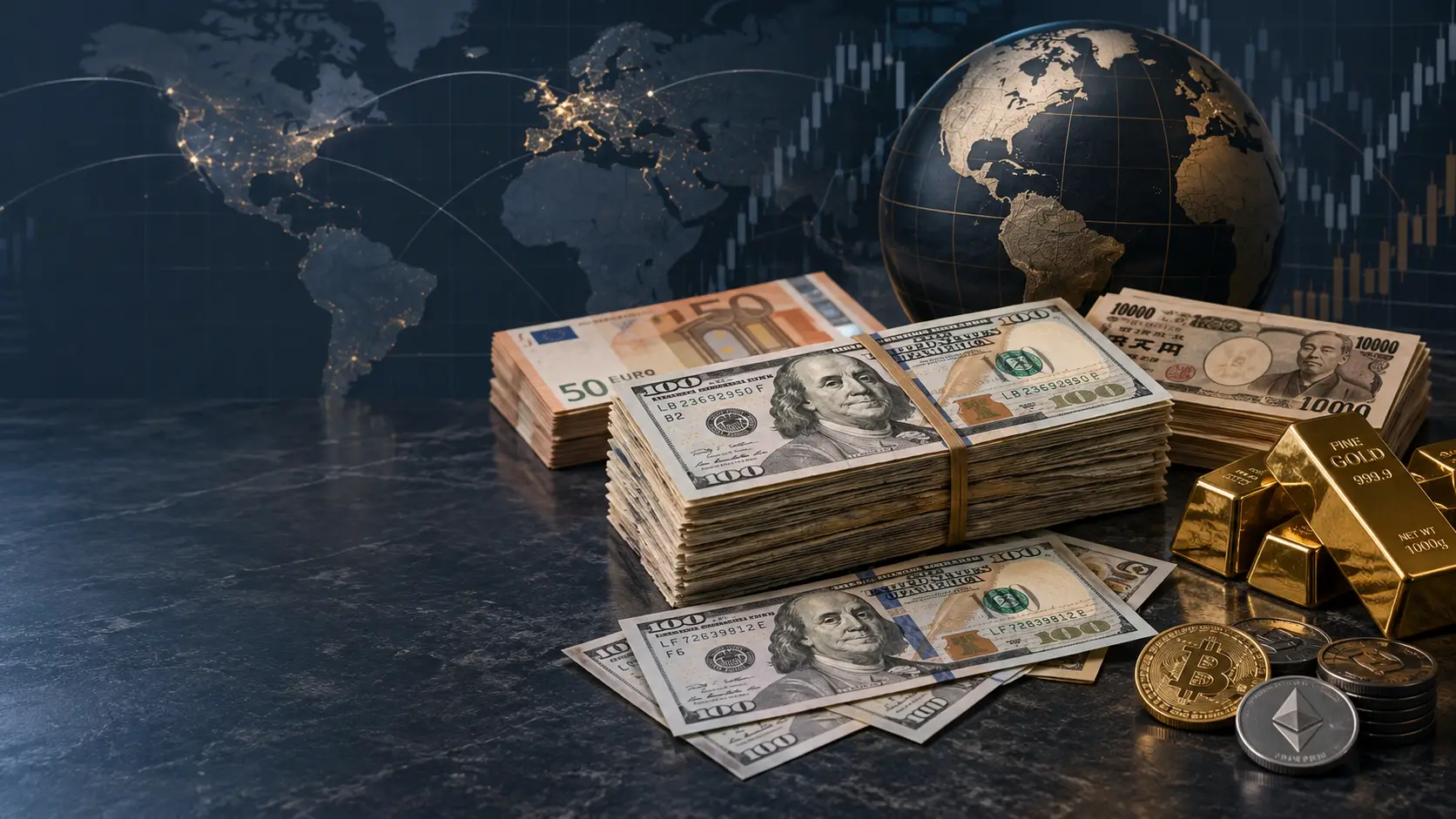 US dollar notes with global reserve currencies, gold and international financial markets