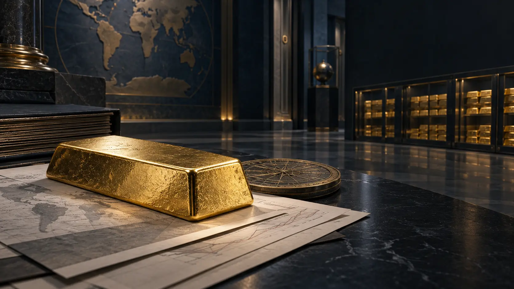 Gold reserve bar and world map illustrating central bank diversification